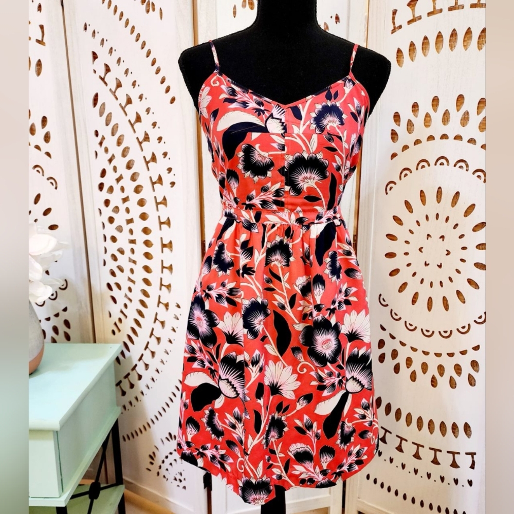 J.Crew Orange Spaghetti Strap Mini Dress with Blue Floral Pattern Size 0